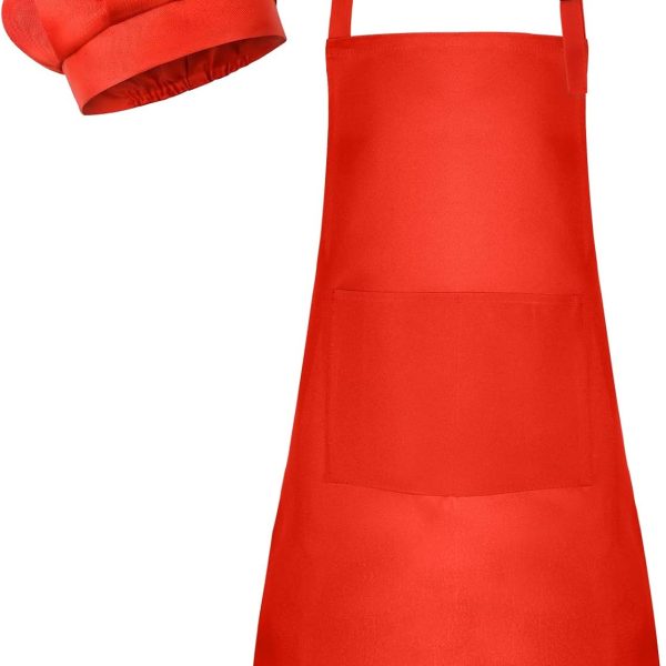 Kids Apron and Chef Hat Set Children Apron Adjustable with 2 Pockets Children Chef Painting for Cooking Baking