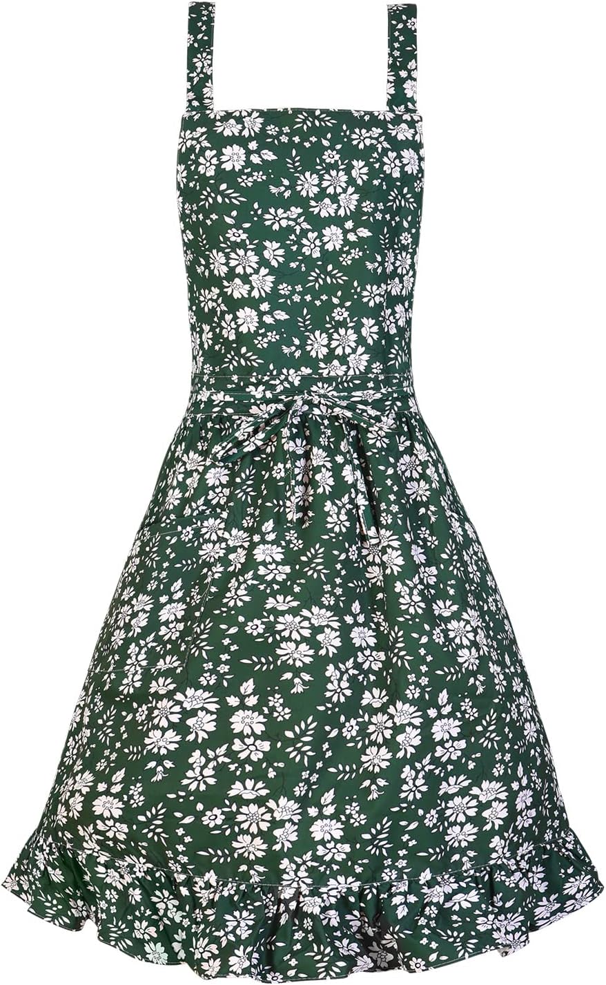 Vintage Pinafore Apron Dress for Women with Pockets Cute Floral Chef Aprons for Kitchen Cooking Baking Gardening