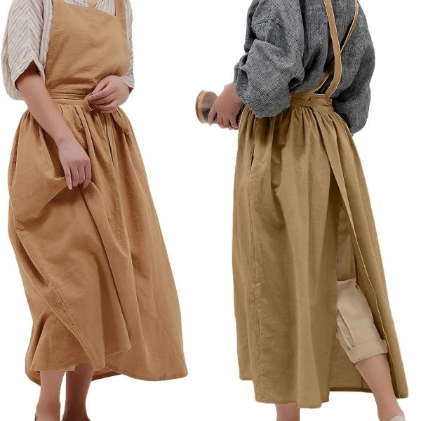 Pleated Cotton Long Apron X Back Kitchen Garden Florist Work Clothes Bib Dress
