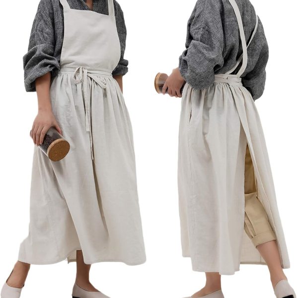 Pleated Cotton Long Apron X Back Kitchen Garden Florist Work Clothes Bib Dress