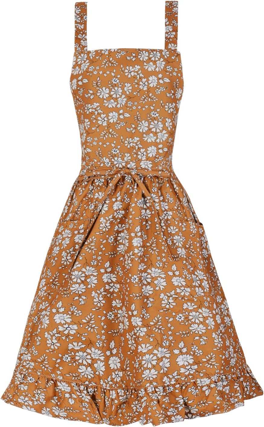 Vintage Pinafore Apron Dress for Women with Pockets Cute Floral Chef Aprons for Kitchen Cooking Baking Gardening