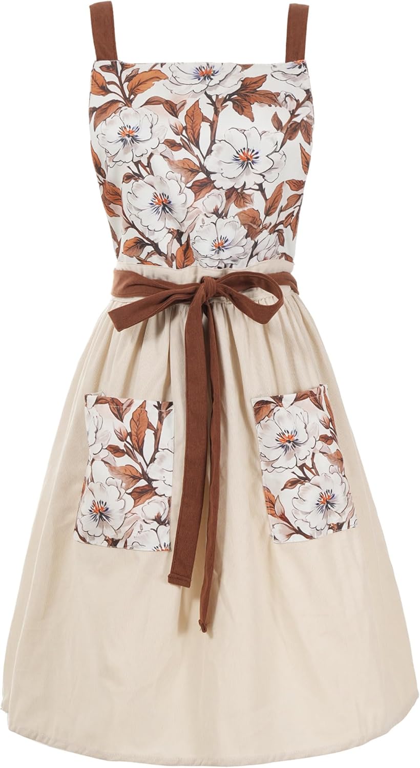 Vintage Pinafore Apron Dress for Women with Pockets Cute Floral Chef Aprons for Kitchen Cooking Baking Gardening