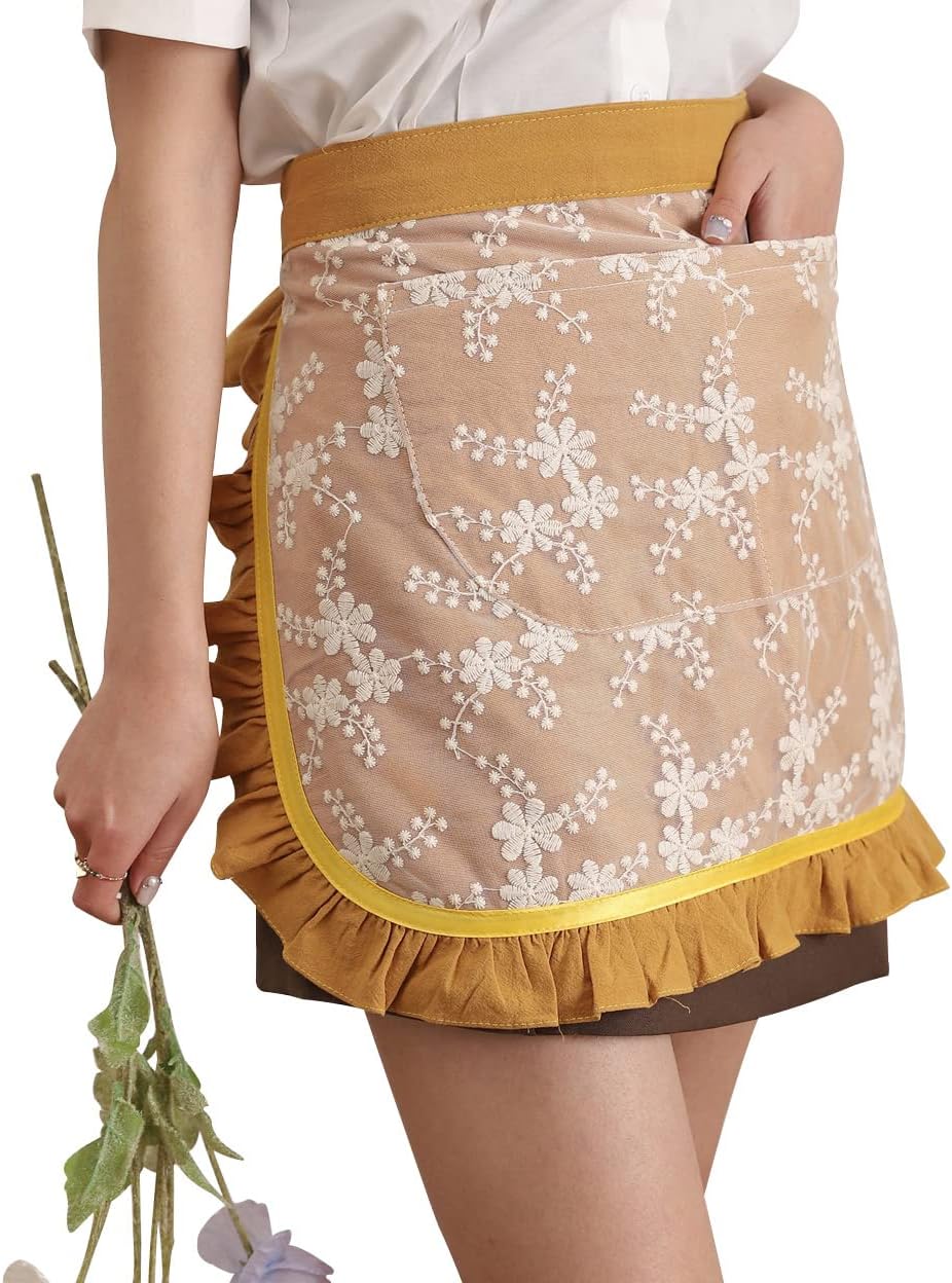 Waist Apron for women - Lovely Half Apron Cotton Lace Embroidered Server Waitress Apron Short Apron for Womens Girls