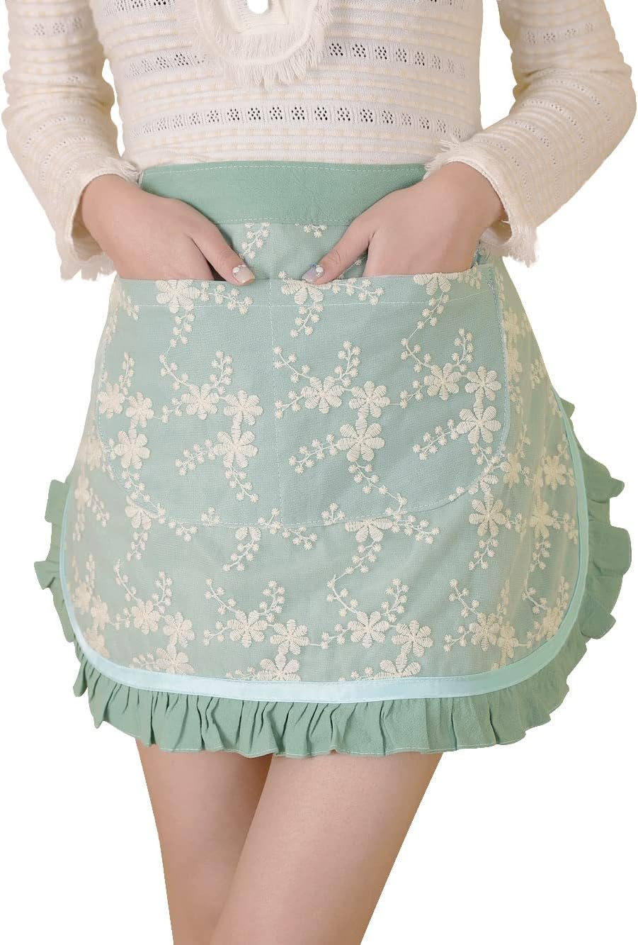 Waist Apron for women - Lovely Half Apron Cotton Lace Embroidered Server Waitress Apron Short Apron for Womens Girls
