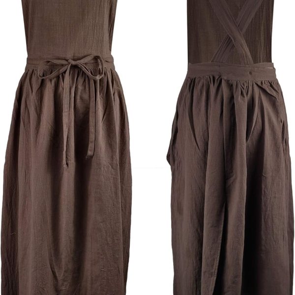 Pleated Cotton Long Apron X Back Kitchen Garden Florist Work Clothes Bib Dress